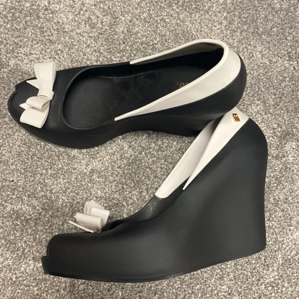 Melissa Black and White Peep-Toe Wedge Flats with Bow